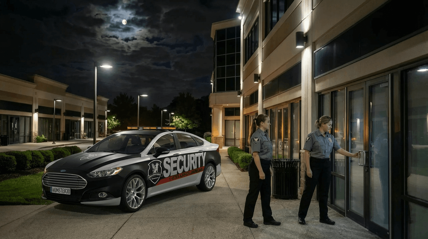 Security patrol during after-hours in office building parking lot