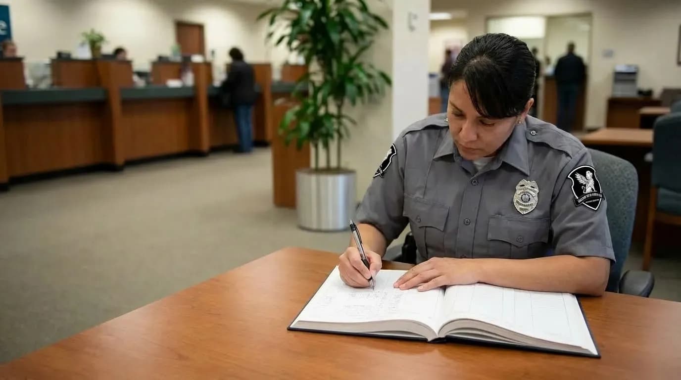 Security personnel documenting incidents for regulatory compliance in financial institution