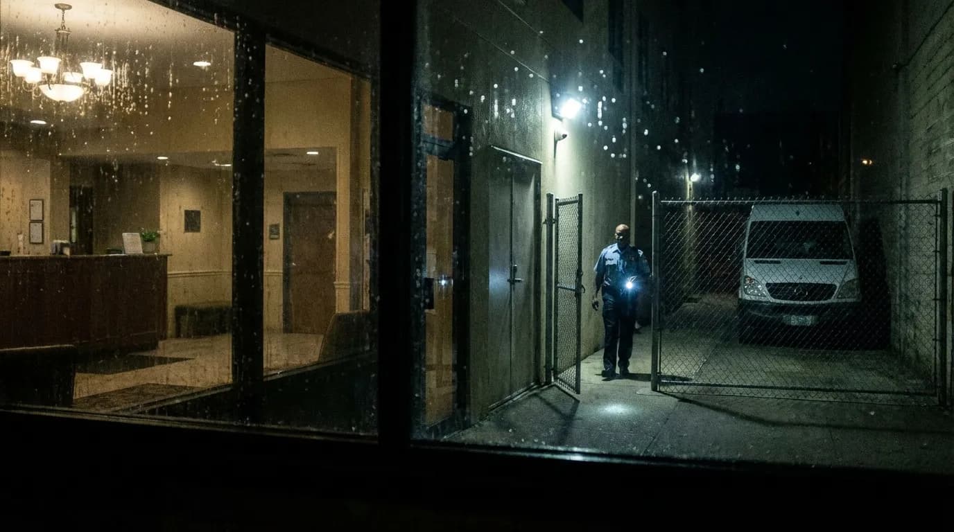Hotel security personnel monitoring the premises at night