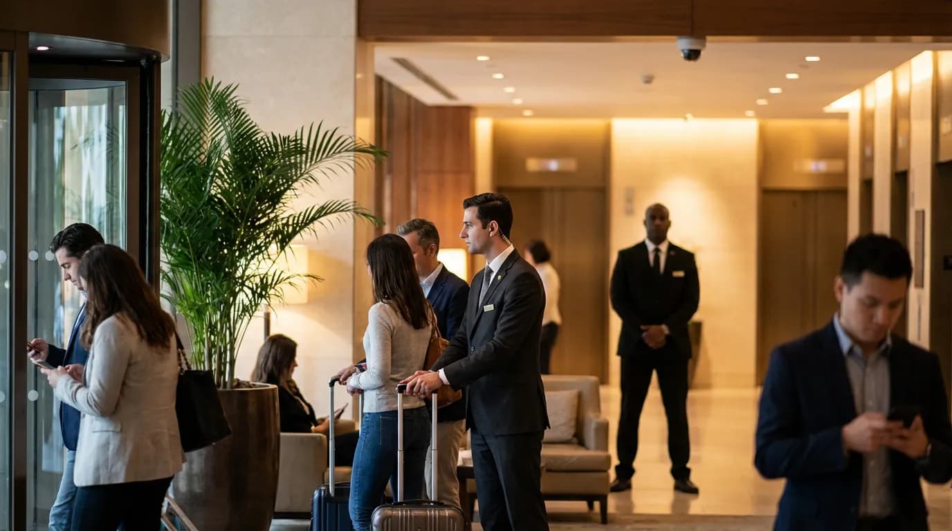 Hotel staff assisting guests in a lobby with security presence