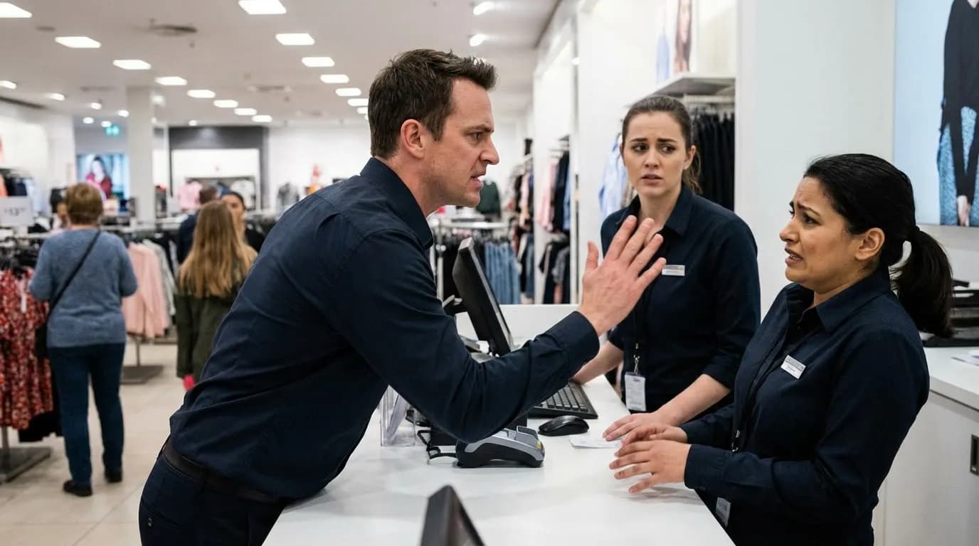 Retail employee assisting a customer in a store