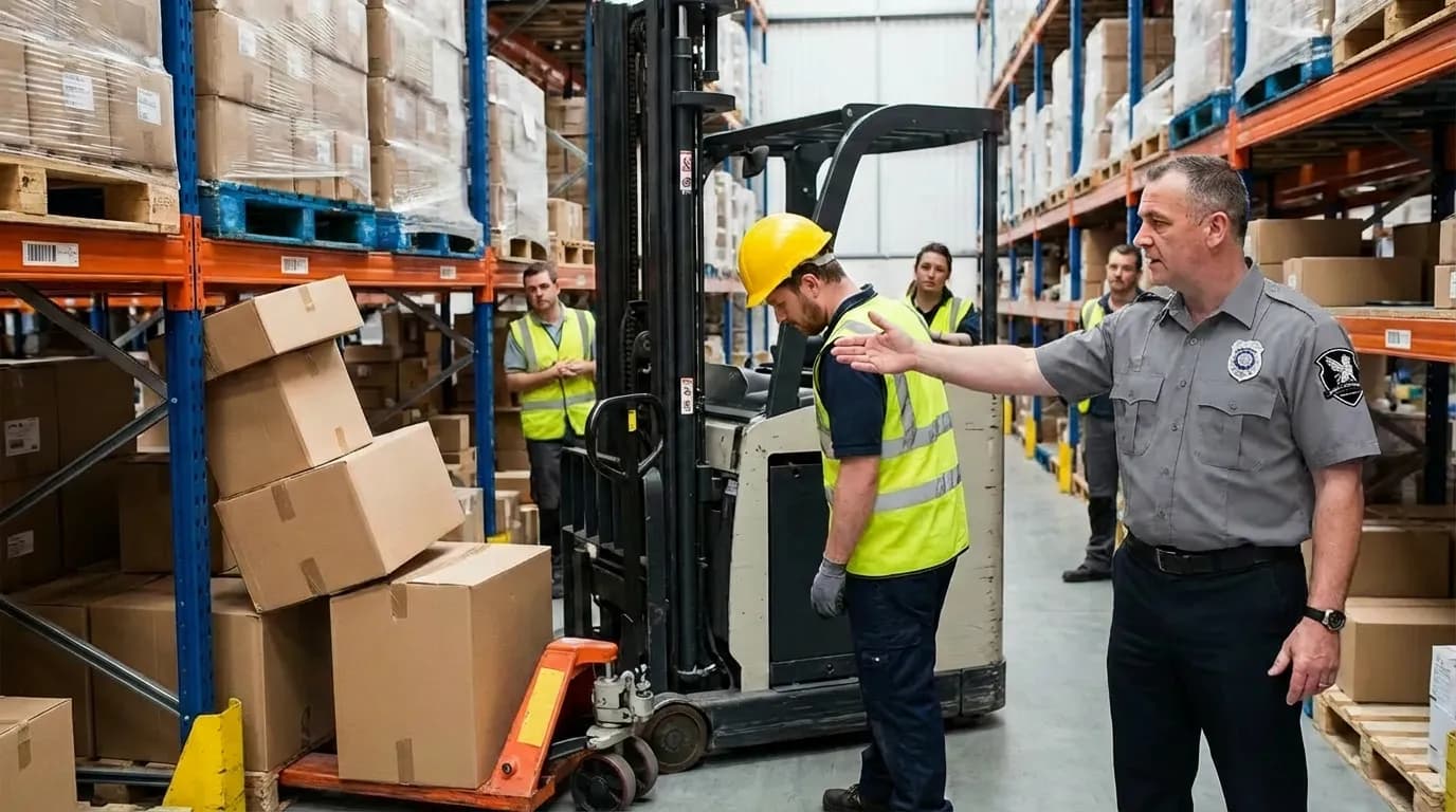 Security personnel overseeing workplace safety and OSHA compliance in warehouse