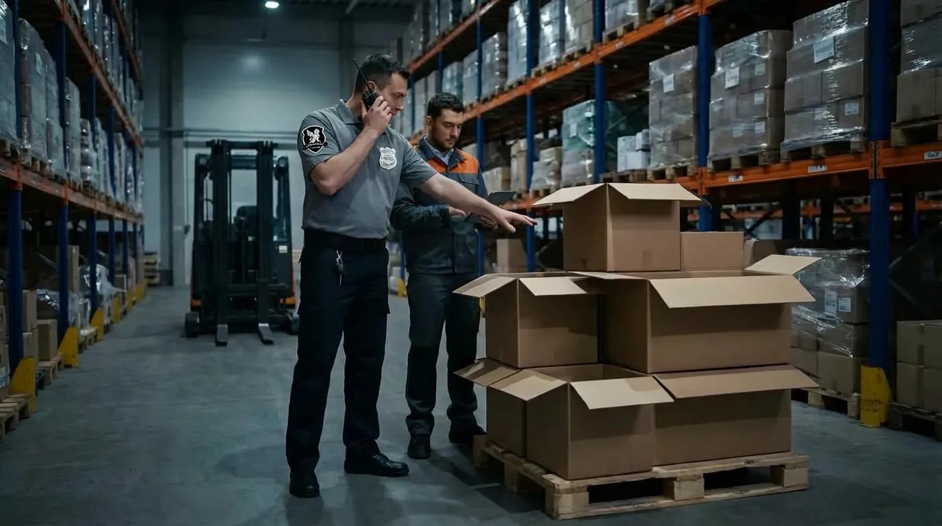 Security personnel monitoring warehouse inventory to prevent theft