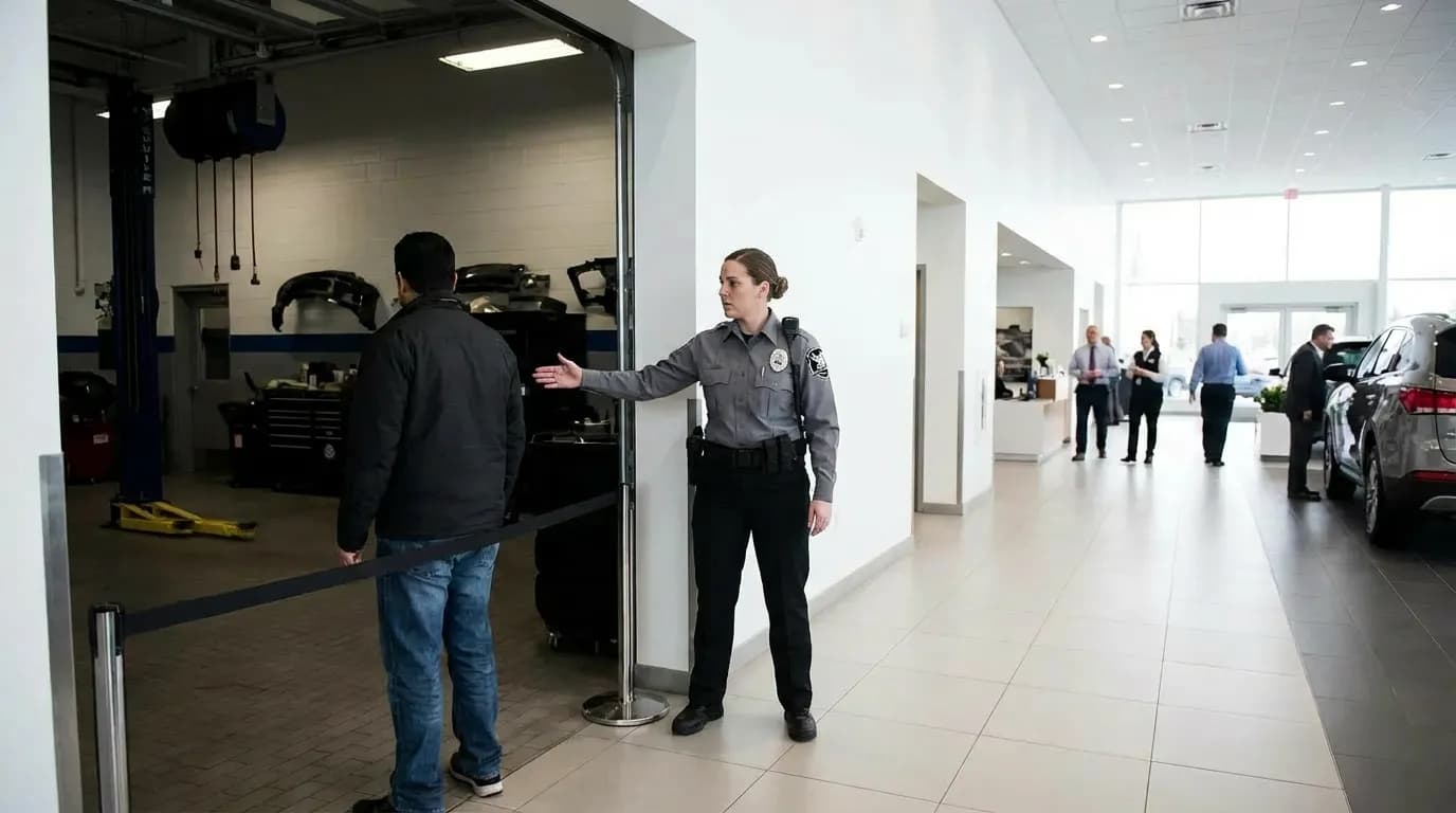 Security personnel managing public access at automotive service center entrance