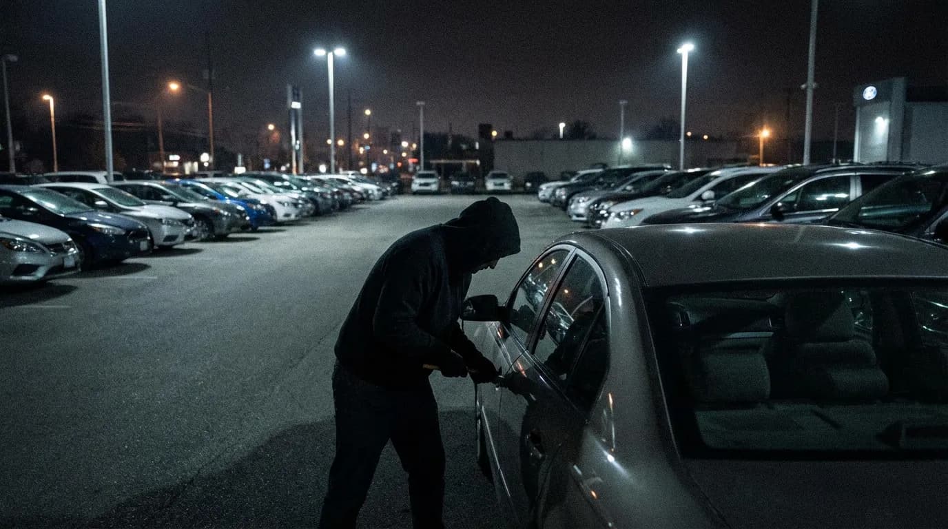 Security personnel responding to after-hours intrusion at automotive dealership lot