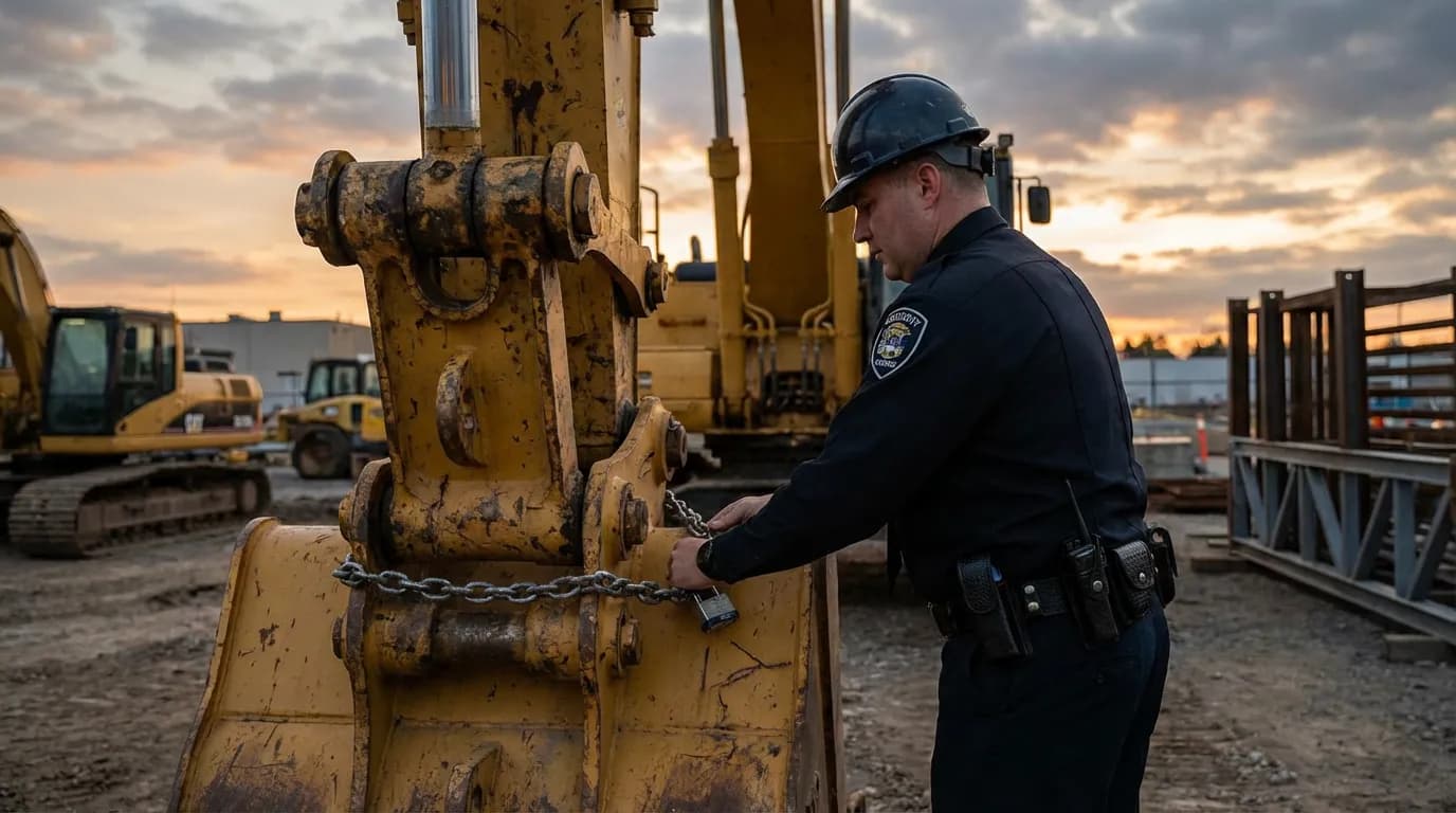Officer securing construction equipment to prevent theft
