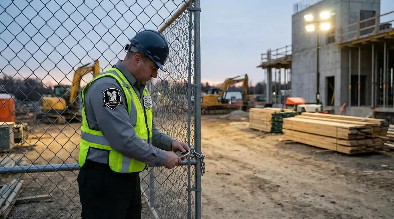 Officer locking restricted area gate at construction site to prevent unauthorized access