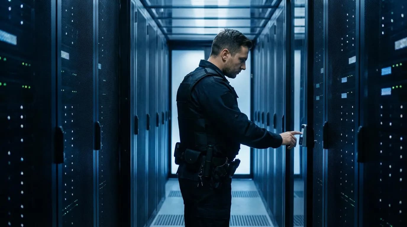 Security personnel preventing unauthorized access to data center facility