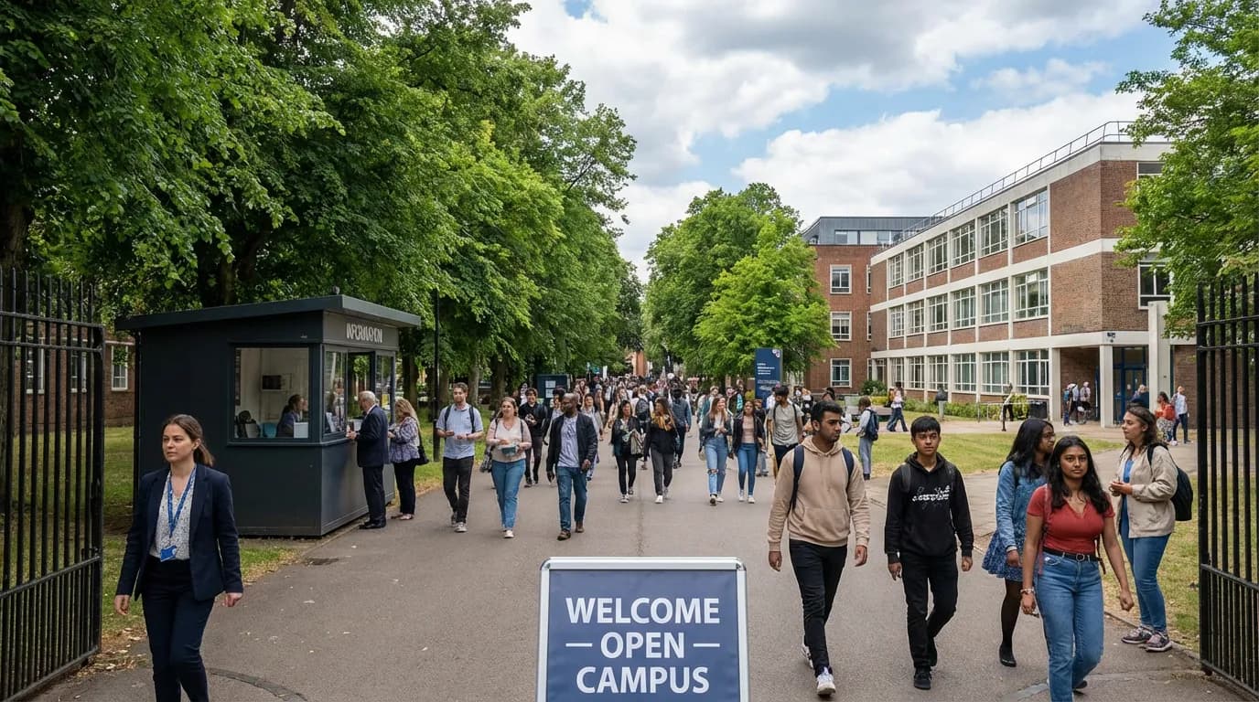 Open campus entrance with students and visitors