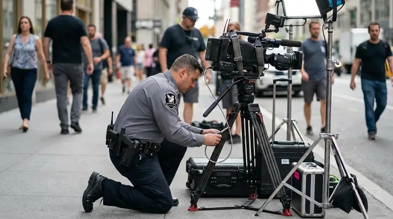 Security monitoring valuable film production equipment on set