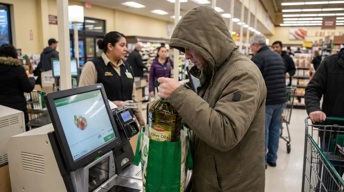 Security monitoring self-checkout areas in grocery store