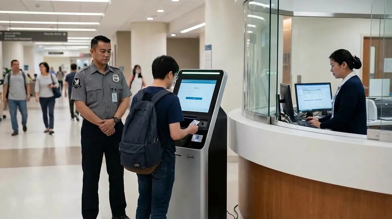 Security personnel managing hospital visitor access