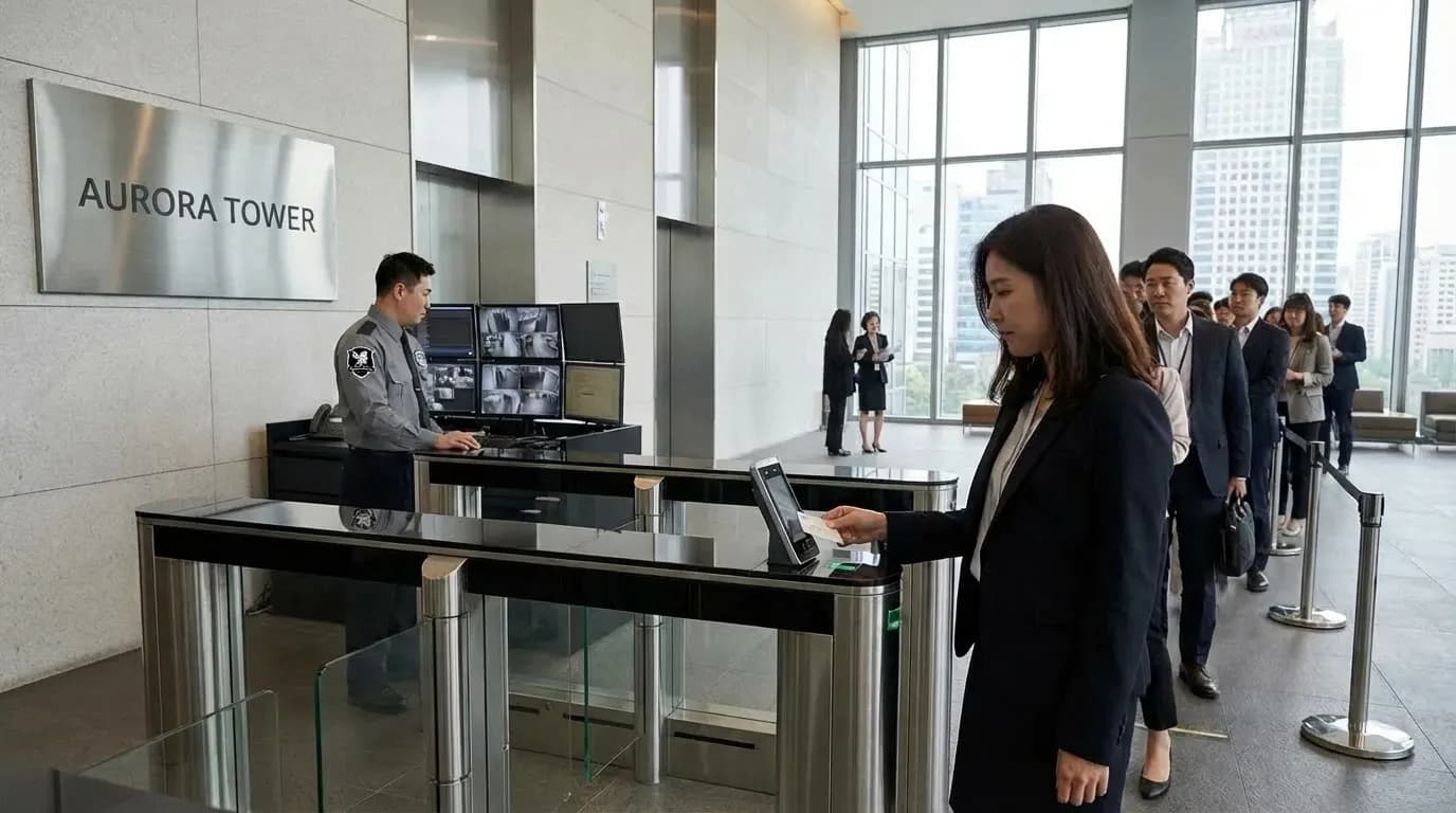 Security personnel managing access control at high-rise building entrance