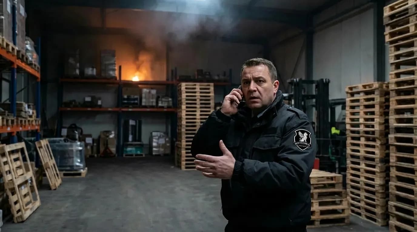 Security officer responding to a fire and calling emergency services