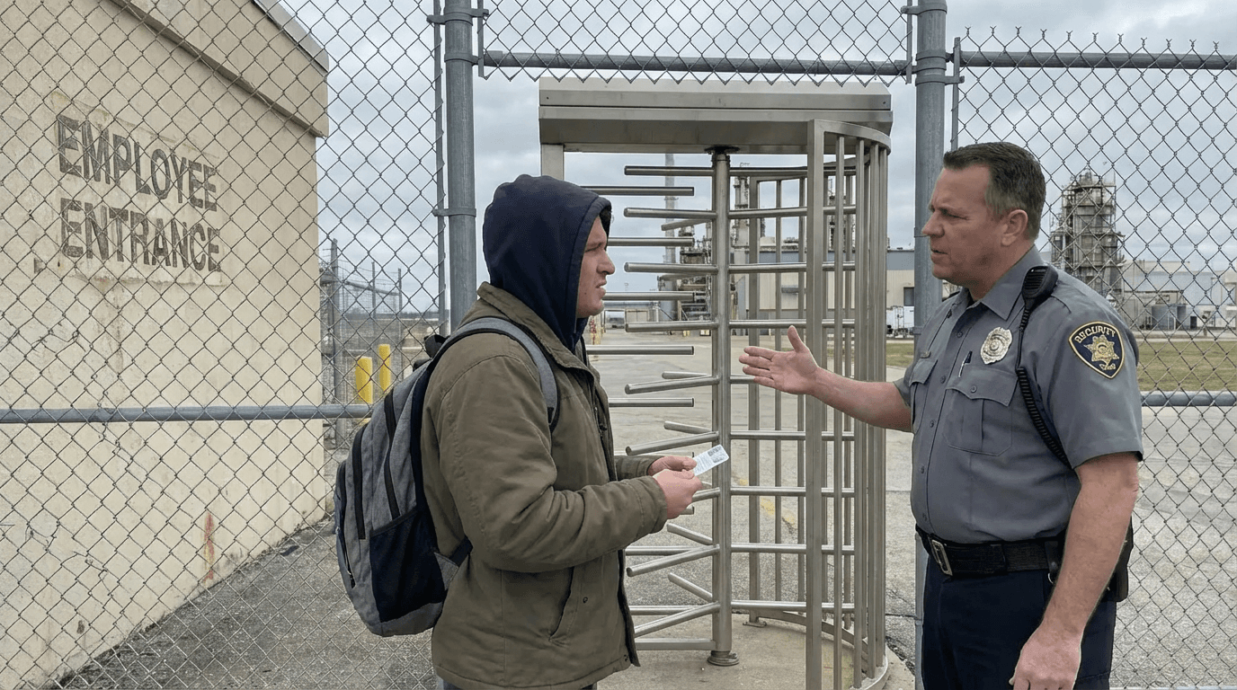 Security officer checking access credentials at a gate