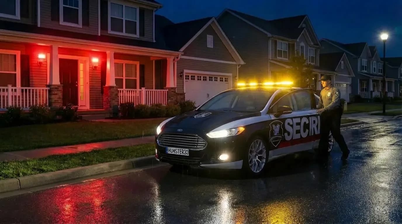 Security patrol vehicle responding to an alarm