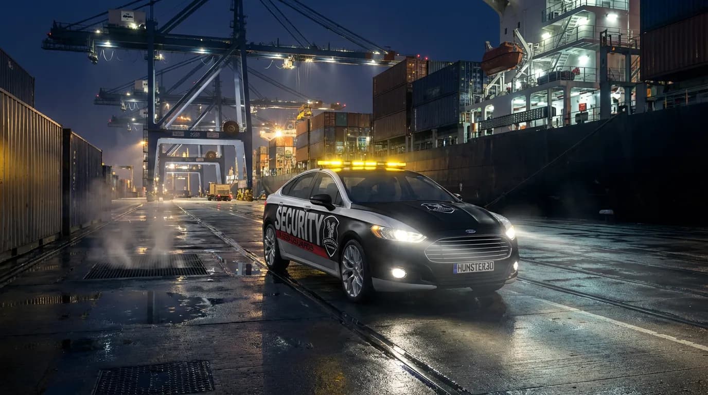 Security patrol vehicle conducting overnight rounds